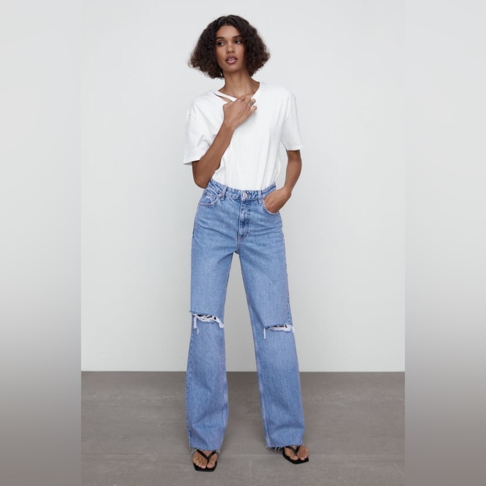 Zara Wide Leg Full Length Ripped Jeans